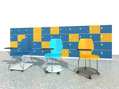Colorful Office Chairs Blue Light Blue Yellow With Small Tables Against Blue Yellow Locker Wall 3d model
