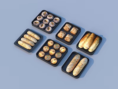 Assorted Baked Goods In Black Trays Including Bread Rolls And Pastries 3d model