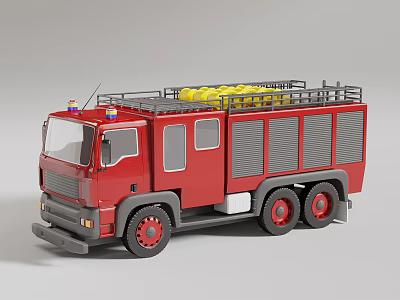 Red Fire Truck With Yellow Items On Roof And Gray Body Details 3d model