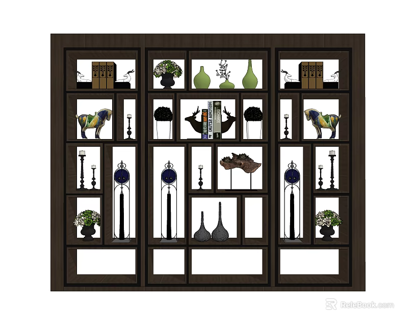 Dark Wooden Display Cabinet Shelf With Multi Compartment Holding Decorative Vases Sculptures Books Small Plants 3d model 