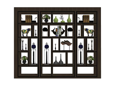Dark Wooden Display Cabinet Shelf With Multi Compartment Holding Decorative Vases Sculptures Books Small Plants 3d model