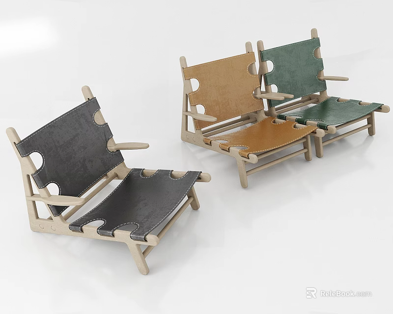 Three Modern Leisure Chairs In Black Brown Green With Wooden Frame And Leather Seats 3d model 
