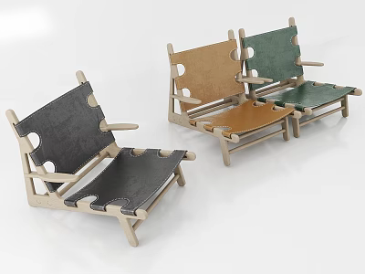 Three Modern Leisure Chairs In Black Brown Green With Wooden Frame And Leather Seats 3d model