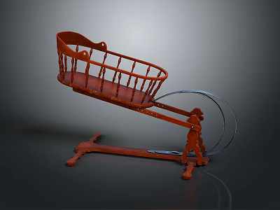 Vintage Red Wooden Weapon With Metal Wheels And Ornate Carvings On Stand 3d model