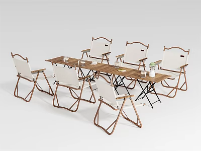 Rectangular Outdoor Table Set With Six Folding Chairs Wooden Frame And White Seats 3d model