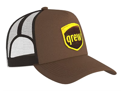 Brown Trucker Hat With Mesh Back And Yellow Qrew Lettering Patch 3d model