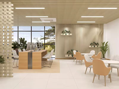 Bright Public Office Space With Wooden Ceiling Linear Lights Large Windows And Green Plants 3d model