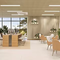 Bright Public Office Space With Wooden Ceiling Linear Lights Large Windows And Green Plants