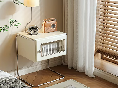 Modern White Bedside Table with Lamp Radio and Green Plant by Window with Wooden Floor 3d model