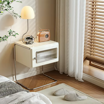 Modern White Bedside Table with Lamp Radio and Green Plant by Window with Wooden Floor 3d model