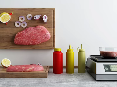 Raw Meat on Wooden Cutting Board with Lemon Slices Onion Rings Sauce Bottles and Scale 3d model