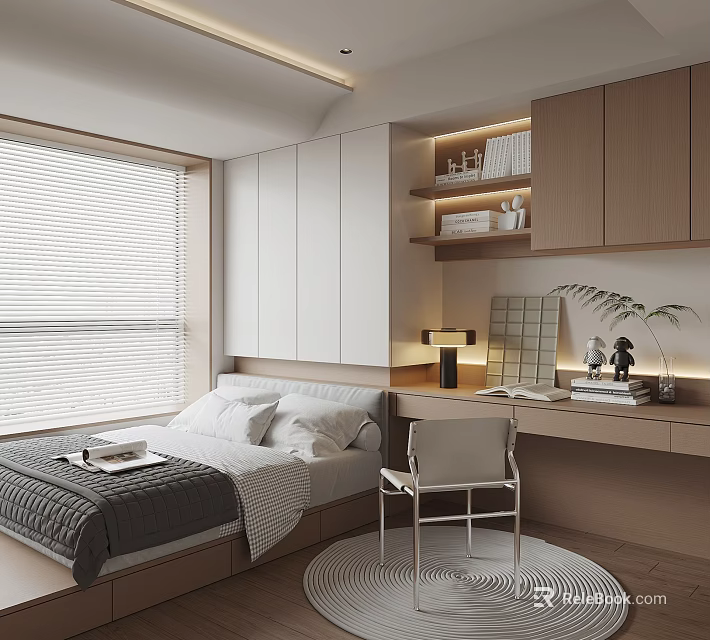 Modern Tatami Bedroom Interior With White Blinds Built-in Wardrobe Desk And Green Plant 3d model 