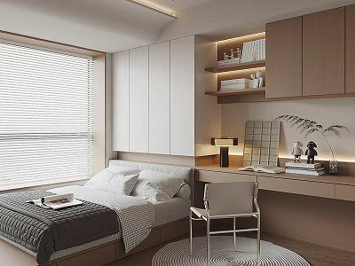 Modern Tatami Bedroom Interior With White Blinds Built-in Wardrobe Desk And Green Plant 3d model