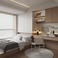Modern Tatami Bedroom Interior With White Blinds Built-in Wardrobe Desk And Green Plant