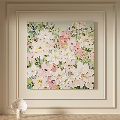 Decorative Oil Painting With White And Pink Flowers And Green Leaves On Wall 3d model