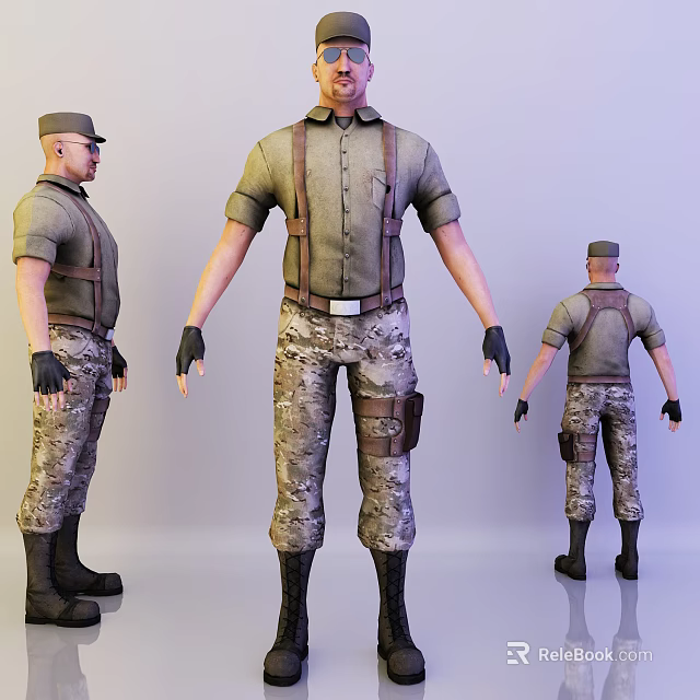 Man Wearing Light Green Shirt Brown Suspenders Camouflage Pants Black Gloves Boots Three Quarter Views 3d model 