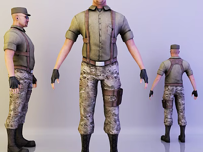 Man Wearing Light Green Shirt Brown Suspenders Camouflage Pants Black Gloves Boots Three Quarter Views 3d model