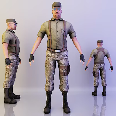 Man Wearing Light Green Shirt Brown Suspenders Camouflage Pants Black Gloves Boots Three Quarter Views 3d model