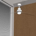 White Ceiling Fan With Transparent Blades Near Window With White Blinds And Wooden Wall