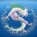 White Aquatic Dragon With Green Mane Curved Body Swimming In Blue Water And Small Fish