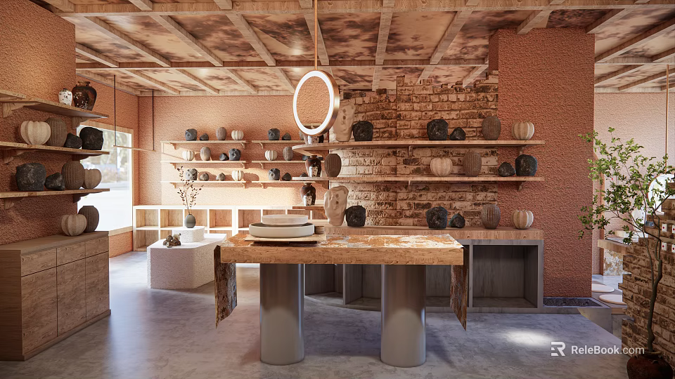 Ceramic Vessels Display In Rustic Interior With Brick Wall Wooden Shelves And Hanging Light 3d model 