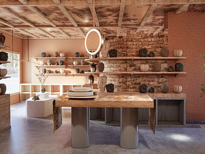Ceramic Vessels Display In Rustic Interior With Brick Wall Wooden Shelves And Hanging Light 3d model