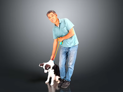 Cute black and white puppy being walked with yellow leash by man in gray background 3d model