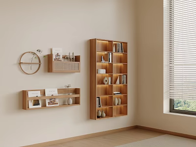 Wooden Bookcase with Multiple Shelves Holding Books Decorations on Beige Wall and Round Wall Clock 3d model