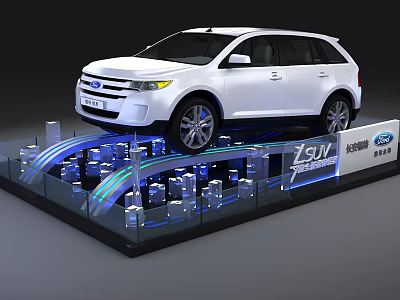 Exhibition Display Shelf Featuring White SUV Blue Lighting And Transparent Design 3d model