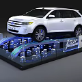 Exhibition Display Shelf Featuring White SUV Blue Lighting And Transparent Design