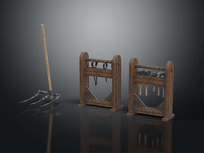 Wooden Tool Racks With Hanging Hardware Tools And Hay Fork 3d model