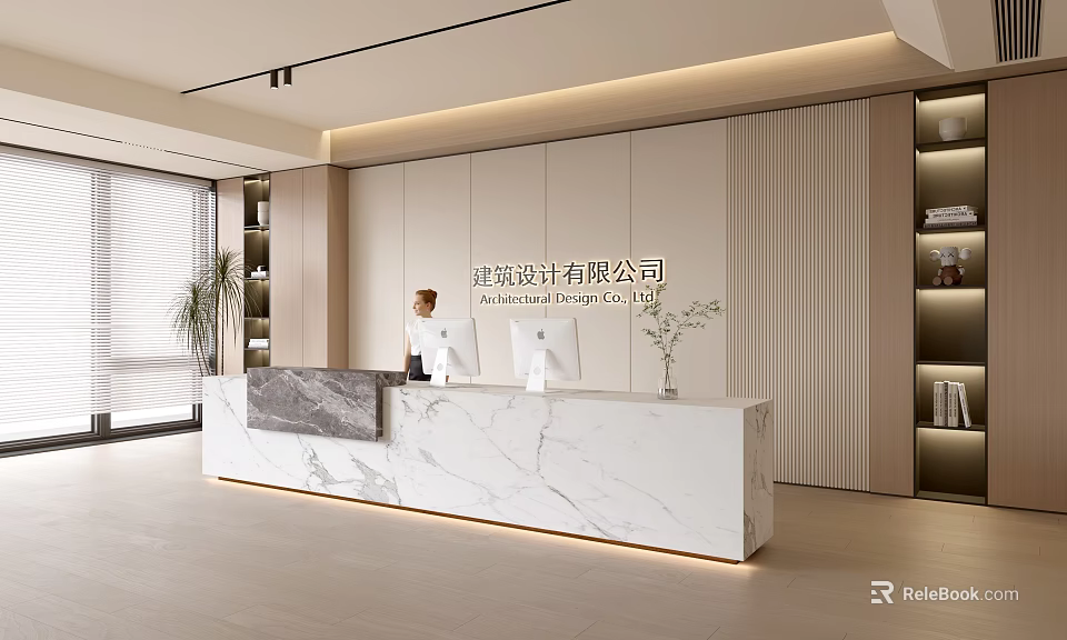 Modern Reception Desk With Marble Countertop Receptionist Bookshelves And Potted Plant In Office 3d model 