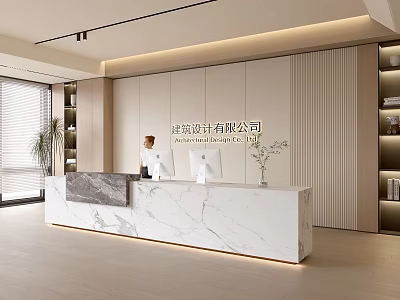 Modern Reception Desk With Marble Countertop Receptionist Bookshelves And Potted Plant In Office 3d model