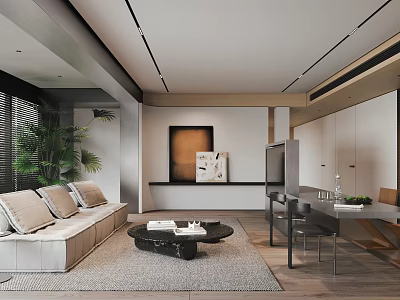Modern Living And Dining Room Interior With Beige Sofa Black Coffee Table And Dining Chairs 3d model