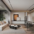 Modern Living And Dining Room Interior With Beige Sofa Black Coffee Table And Dining Chairs