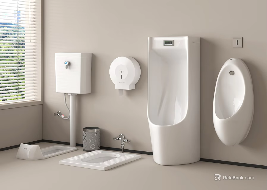 Modern Bathroom With Wall Mounted Urinal Toilet Paper Holder And Sink 3d model 