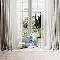 Gray Thick Curtains With White Sheer Panels And Window Potted Plant Blue Doll
