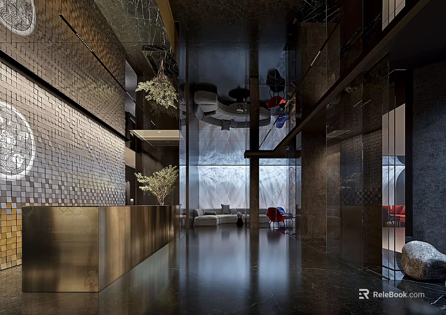 Modern Shop Reception Counter Interior Design With Metal Desk Decorative Plants And Ambient Lighting 3d model 