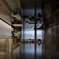Modern Shop Reception Counter Interior Design With Metal Desk Decorative Plants And Ambient Lighting
