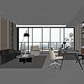 Modern Open Office Interior Design With Large Windows Sofa Desk Bookshelf And Plants