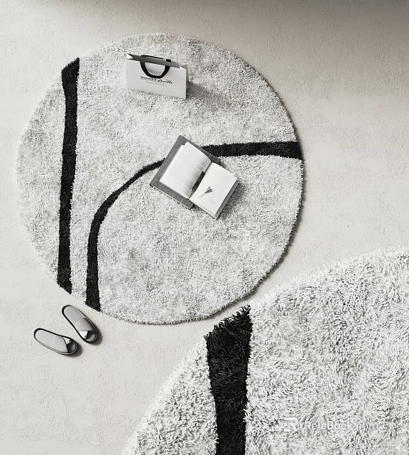 Gray Round Rug with Black Stripes and Open Book Near Slippers 3d model 