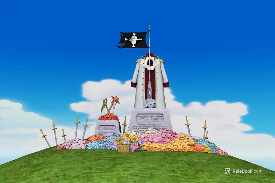 Anime Game Character Memorial Tower With Black Skull Flag Tombstone Swords Flowers And Blue Sky 3d model 