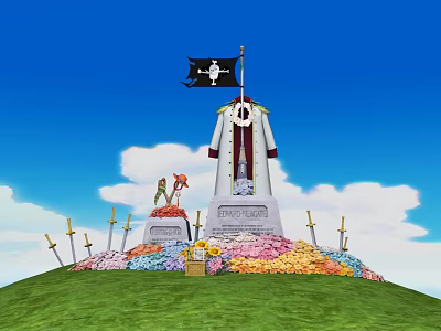 Anime Game Character Memorial Tower With Black Skull Flag Tombstone Swords Flowers And Blue Sky 3d model