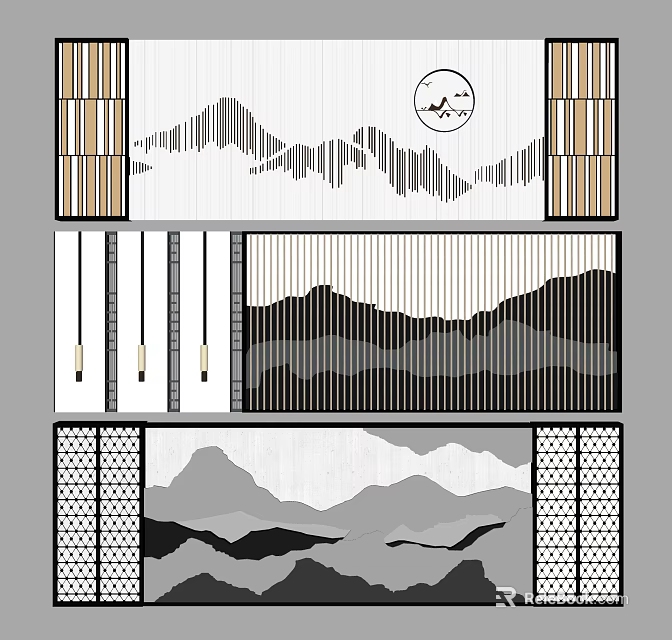 Chinese Style Background Wall Design With Mountain Patterns Line Art And Geometric Elements 3d model