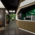 Bright Restaurant Interior With Wooden Ceiling Hanging Lamps Large Windows And Green Plants View