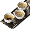 White Ceramic Teacups With Yellow Interior And Black Patterns On Metal Tray 3d model