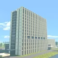Modern Tall Office Building With Large Windows Green Lawn Trees And Water Feature