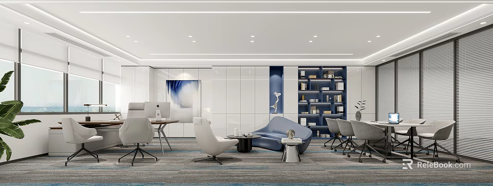 Modern Open Office Interior Design With Desk Bookshelves Sofa Armchairs And Carpet 3d model 