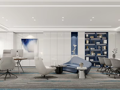 Modern Open Office Interior Design With Desk Bookshelves Sofa Armchairs And Carpet 3d model