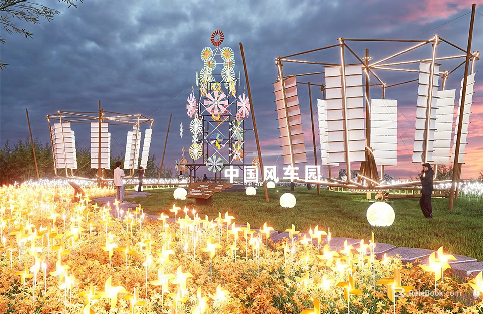 Chinese Style Farm Tool Art Installation With Windmills Floral Decorations On Illuminated Evening Grassland 3d model 
